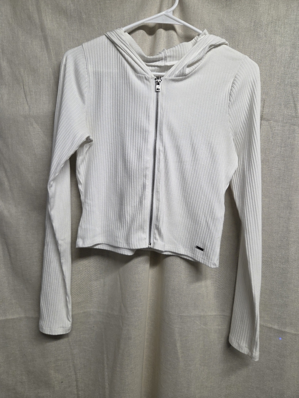 Hollister White Ribbed Zip Hoodie